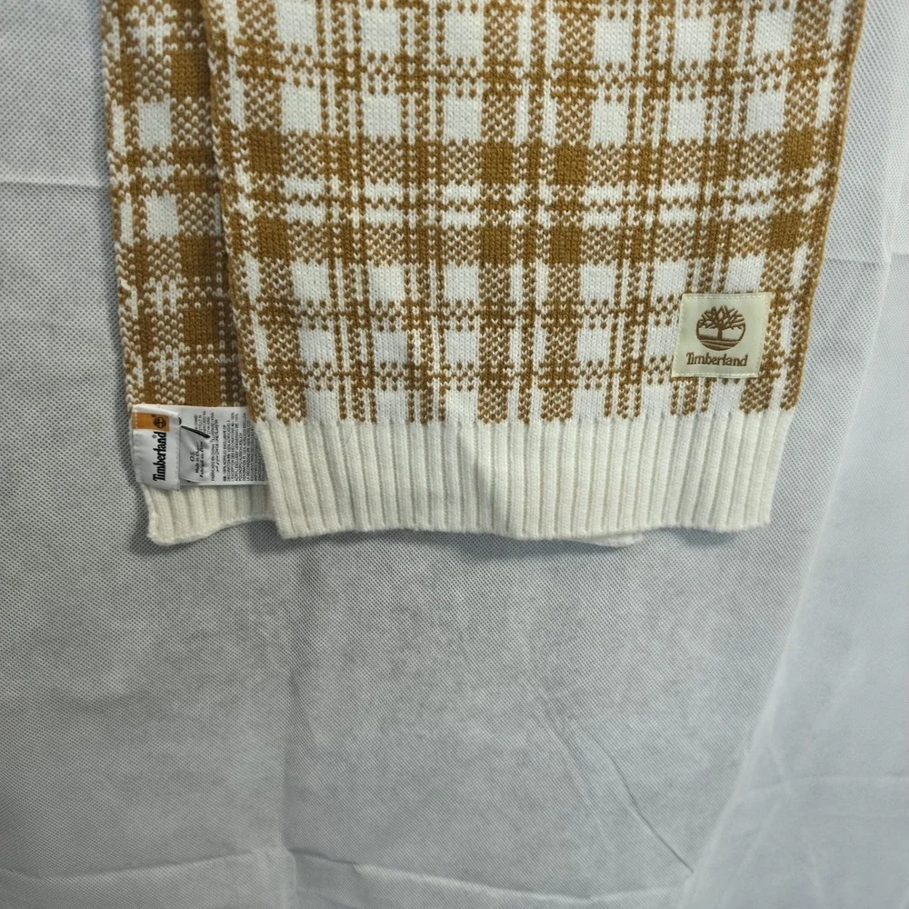 Timberland Scarf Plaid Acrylic Knit Brown White Winter Warm Soft NWOT Approx 64